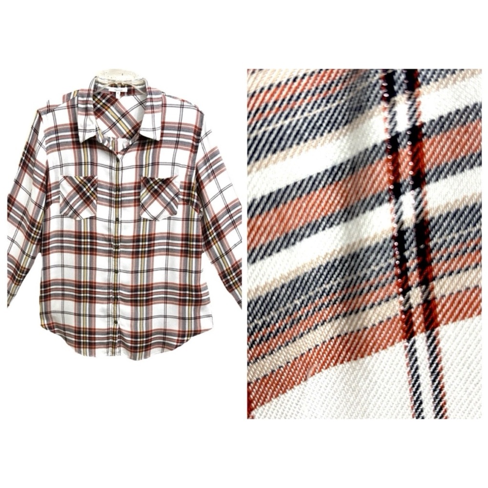 MAURICES HOLIDAY PLAID FLANNEL SHIRT L SHIMMER THREAD POCKETS RAYON GORPCORE $40